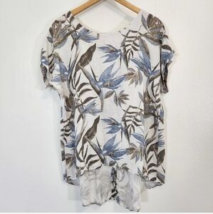 Terzo Milennio floral linen blouse blue brown cream color szS Made in Italy